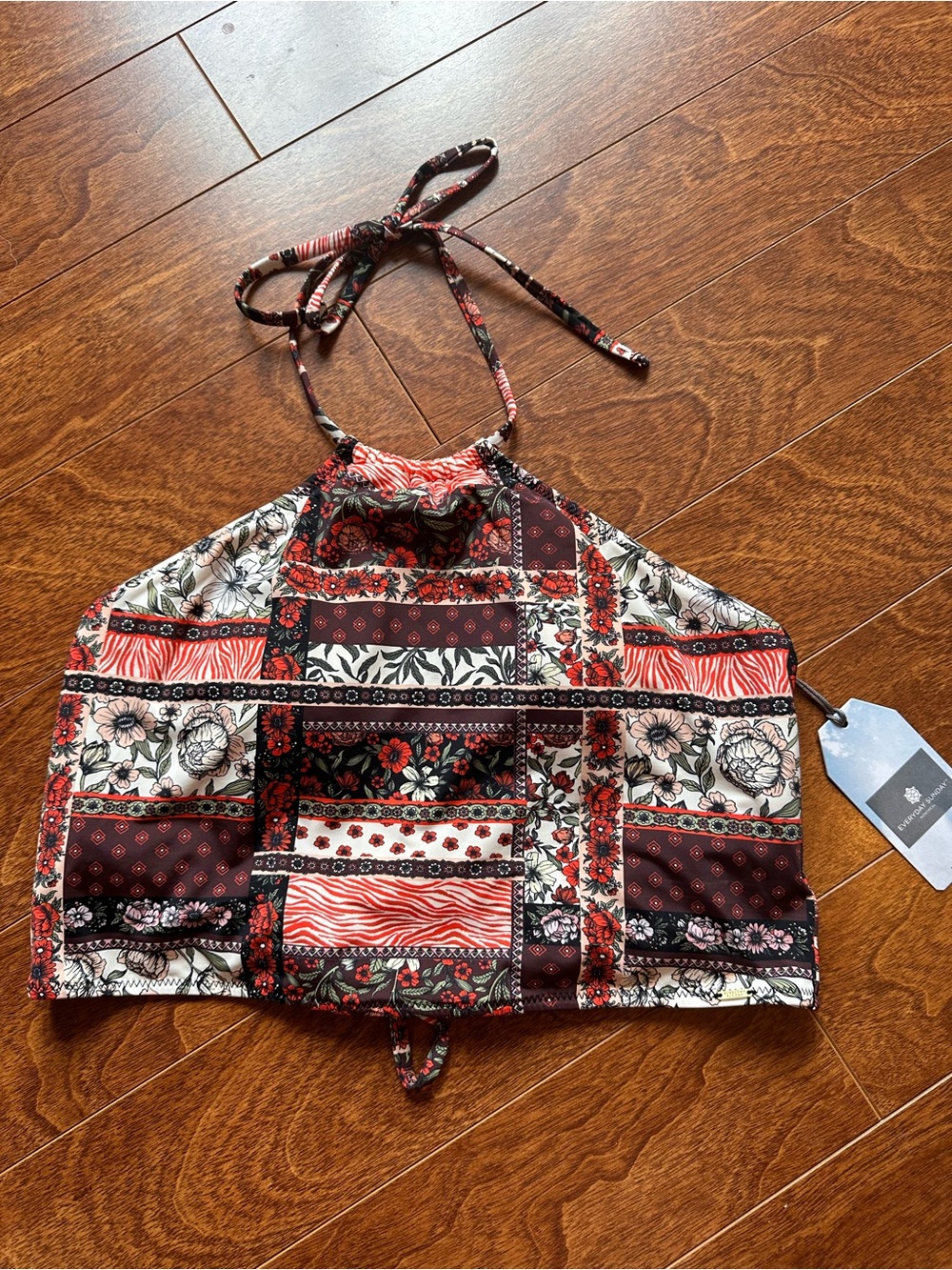 Women's Everyday Sunday Halter Swim Top in Red Patchwork Print